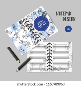 Hand drawn dogs breeds printables. Sketch of dog. Organizer design. Notes for dog lovers French bulldog, dachshund, Husky, Yorkshire Terrier Vector