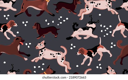 Patrón sin soldadura de perros dibujados a mano y puntos.Caracteres animales de varias razas en movimiento.Marrón, beige y negro sobre gris.Fondo vectorial y textura para imprimir en tela y papel.