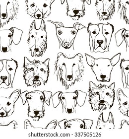 Hand drawn Dog's Heads seamless Pattern. Dog Breeds. Hand drawn Sketch made in Vector. 