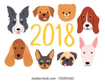 Hand drawn dogs set for 2018 New Year. Vector greeting card.