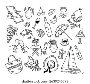 Hand drawn dolce vita Italian summer sea vacation and weekend isolated set in doodle sketch. Food and drink for snack, accessories for rest and relax during picnic time on beach vector illustration