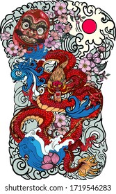 hand drawn doll Daruma and Dragon tattoo ,coloring book japanese style.Japanese old dragon for tattoo. Lucky animal for Chinese new year.Illustration of Traditional chinese Dragon