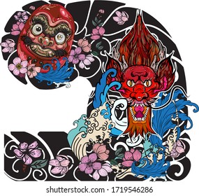 hand drawn doll Daruma and Dragon tattoo ,coloring book japanese style.Japanese old dragon for tattoo. Traditional Asian tattoo the old dragon vector.