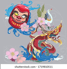 hand drawn doll Daruma and Dragon tattoo ,coloring book japanese style.Japanese old dragon for tattoo. suitable for t-shirt, sticker,and so on.Tattoo art highly detailed in line art style.