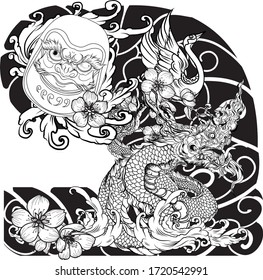 hand drawn doll Daruma and Thai Dragon tattoo ,coloring book japanese style.Arm tattoo Japanese old dragon. Traditional Asian tattoo the old dragon vector.Tattoo art highly detailed in line art style.