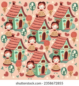 hand drawn doll house pattern illustration