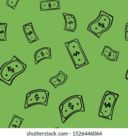 Hand drawn dollar bills flying. Money cash symbol. Seamless pattern texture.