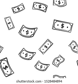 Hand drawn dollar bills flying. Money cash symbol. Seamless pattern texture.