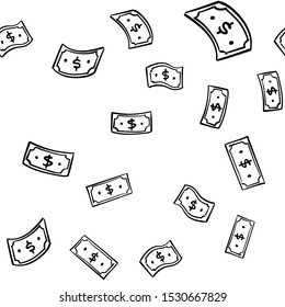 Hand drawn dollar bills flying. Money cash symbol. Seamless pattern texture.