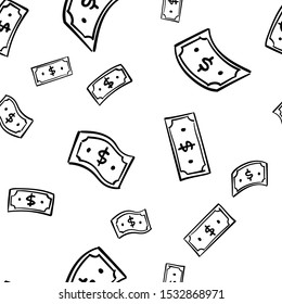 Hand drawn dollar bills flying. Money cash symbol. Seamless pattern texture.