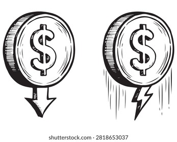 Hand drawn dollar coin with down arrow and lightning bolt symbolizing financial loss economic crisis and market downtrend concept