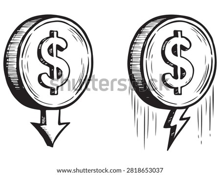 Hand drawn dollar coin with down arrow and lightning bolt symbolizing financial loss economic crisis and market downtrend concept