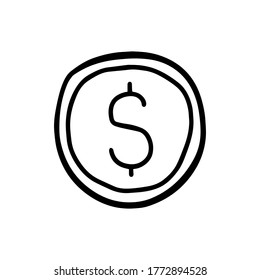 Hand drawn dollar coin vector illustration in doodle style. Payment system. Money concept.
