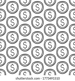 Hand drawn dollar coins vector seamless pattern in doodle style. Payment system. Money concept.