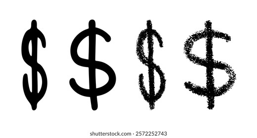Hand drawn dollar currency symbol set Brush stroke doodle Single element for design