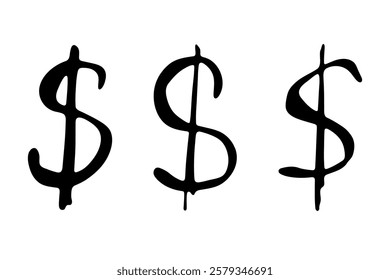 Hand drawn dollar currency symbol set Brush stroke doodle Single element for design