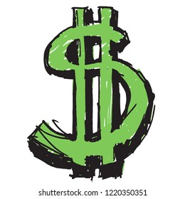 Doodle de icono del dólar dibujado a mano. Dibujo de esbozo verde. Puede ser usado para móviles, infográficos, sitios web o aplicaciones. 