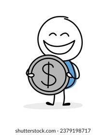 Hand drawn dollar - money symbol. Funny concept with a stickman holding icon. Cartoon style design. Vector illustration