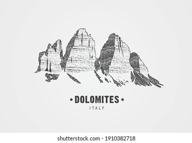 Etiqueta de dolomitas dibujadas a mano con ilustración vectorial del árbol italiano cime di lavaredo