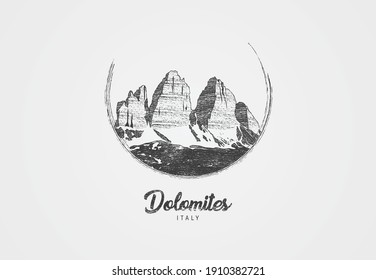 Etiqueta de dolomitas dibujadas a mano con ilustración vectorial del árbol italiano cime di lavaredo