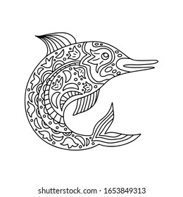 Dibujo del vector negro decorativo con doodle de delfín dibujado a mano aislado en fondo blanco. Dibujo de animales marinos.  Diseño para colorear libro, página, banner, impresión, pantalones, tarjeta, volante