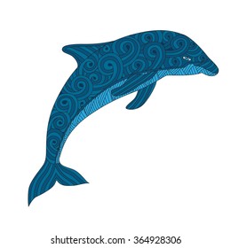 Hand drawn dolphin in doodle and zentangle style, vector illustration