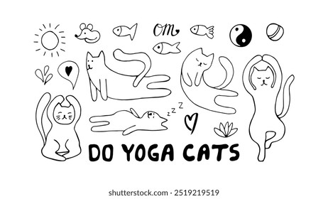 Hand drawn domestic cats sitting in yoga poses. Doodle illustration set about relaxing exercise