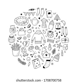Hand drawn domestic life objects. Cute hygge illustrations isolated on white background. Doodle home lifestyle elements