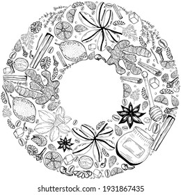 Hand Drawn Donat of culinary herbs and spices 