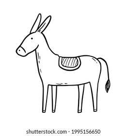 Hand drawn donkey. Doodle sketch style. Drawing line simple donkey icon. Isolated vector illustration.