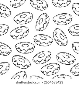 Fundo de rosca desenhado à mão. Padrão sem emenda derretido doodle donut papel de parede. Embalagem, banner, cartaz, cardápio, padaria. Ilustração vetorial