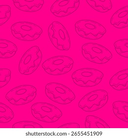 Hand drawn donut background. Seamless pattern melted doodle donut wallpaper. Packaging, banner, poster, menu, bakery. Vector illustration