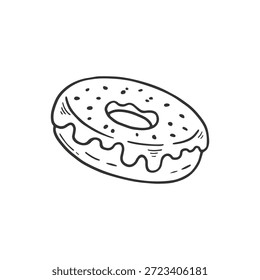 Hand drawn donut in doodle style. Donut engrawing style black and white on white backgrounds. Line drawing. Vector illustration


