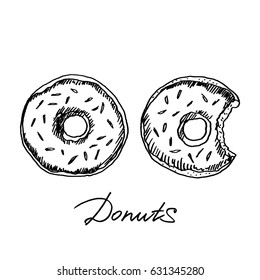 Hand Drawn Donut And Eaten Donut Isolated On White Background. Sketch, Vector Illustration.