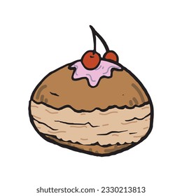 Hand drawn donut outline illustration colored image. Simple sweet and delicious bread product drawing. Pen drawing pastry doodle dessert sign and icon. Vintage and junk creamy and sweet food detail.