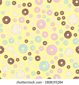 Hand drawn donut seamless pattern. Pastry illustration. Vector bakery background design