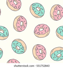 Padrão sem costura de donut desenhado à mão. Ilustração de pastelaria. Projeto de fundo de padaria Vector