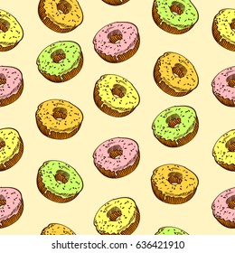 Hand drawn donut seamless pattern. Pastry illustration. Vector bakery background design.