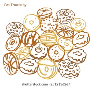 Hand drawn donut set for Fat Thursday on white background. Collection of cute donuts in doodle style. Bakery. Pastry. Tasty food. 
