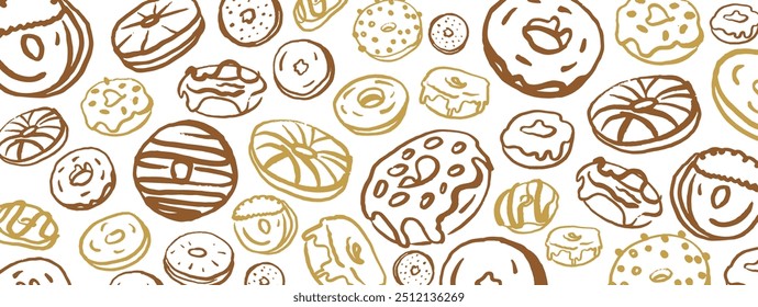 Hand drawn donut set for Fat Thursday on white background. Collection of cute donuts in doodle style. Bakery. Pastry. Tasty food. 