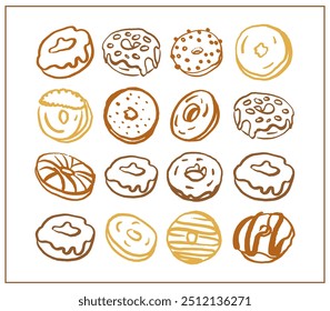 Hand drawn donut set for Fat Thursday on white background. Collection of cute donuts in doodle style. Bakery. Pastry. Tasty food. 