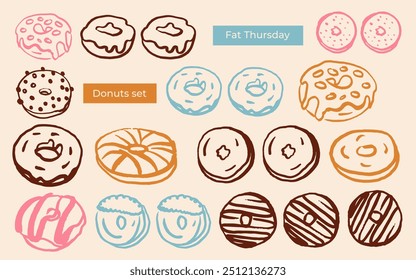 Rosca desenhada à mão definida para a quinta-feira gorda no fundo branco. Coleção de rosquinhas fofas em estilo doodle. Padaria. Massa. Comida saborosa. 