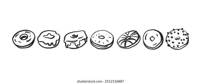 Conjunto de donas dibujadas a mano para el jueves gordo sobre fondo blanco. Colección de donas lindas en estilo doodle. Comida sabrosa. Panadería. Pastelería. 