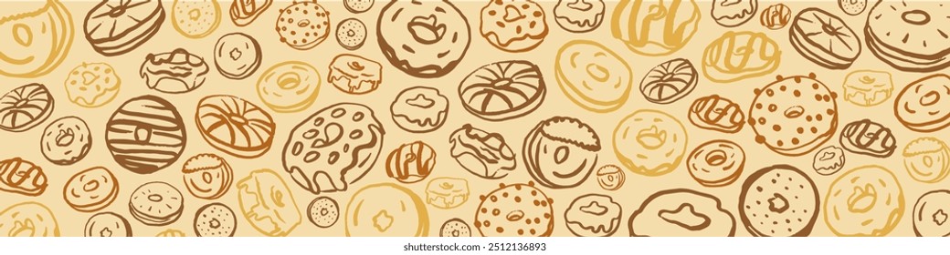 Hand drawn donut set for Fat Thursday on white background. Collection of cute donuts in doodle style. Tasry food. Bakery. Pastry. 