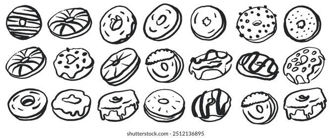 Hand drawn donut set for Fat Thursday on white background. Collection of cute donuts in doodle style. Tasry food. Bakery. Pastry. 