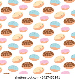 Hand drawn donut template in flat style. Seamless template with sweet donuts with different fillings. Flat vector illustration for wrapping and packaging for birthday and holidays greetings