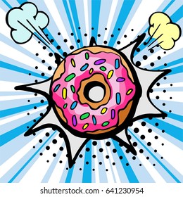 Hand drawn donut. Vector Fast Food sketch. Comic book style, pop art retro vector illustration.