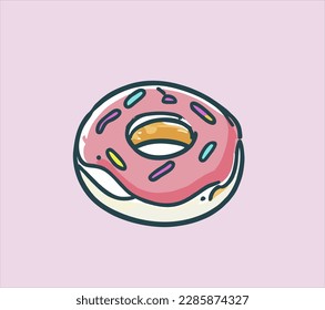 Hand drawn donuts and colorful eaten donuts, isolated on pink background. Sketch, vector illustration.