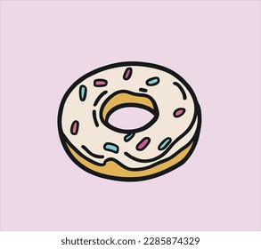 Hand drawn donuts and colorful eaten donuts, isolated on pink background. Sketch, vector illustration.