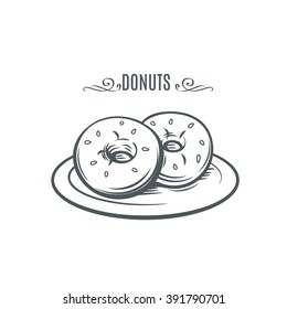 Hand drawn donuts. Decorative icon with donuts. Ink Vector Illustration donuts on a plate.
